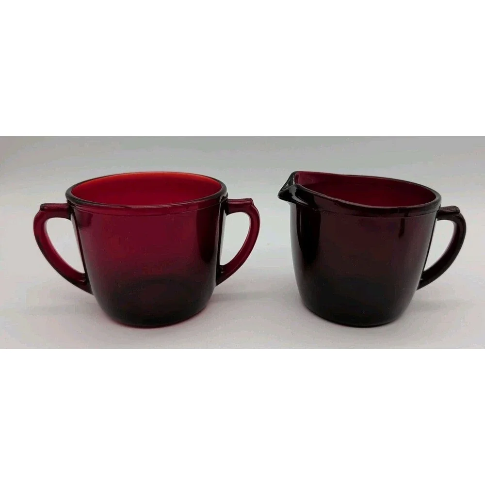 Anchor Hocking Royal Ruby Creamer and Open Sugar Bowl Set Red Glass Vintage